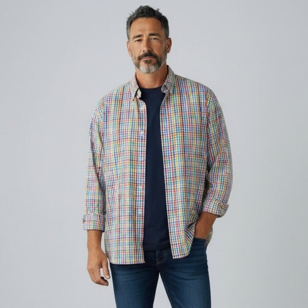 Peter Millar Rainbow Gingham Button Down Shirt Men's Sz XXL Multicolor Cotton